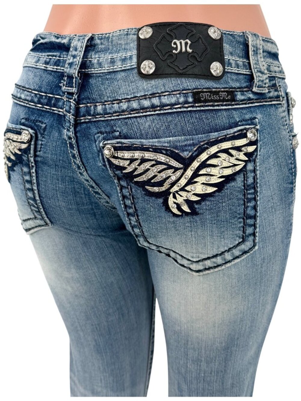 Miss Me Rhinestone Wings Distressed Skinny Jeans 28 | Y2K McBling Indie Sleaze